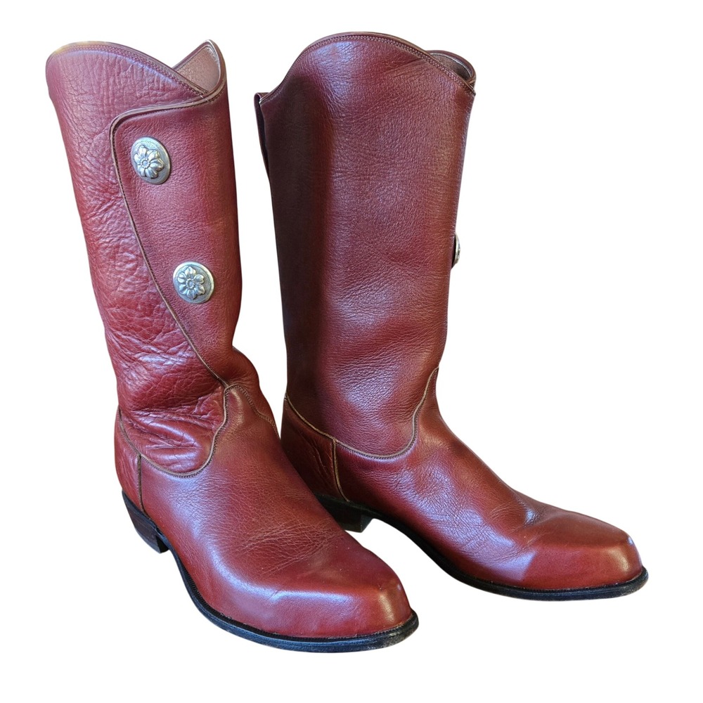 Vintage Tony Lama 9M Oxblood Red Leather Boots Floral Metal Concho Buttons Tall